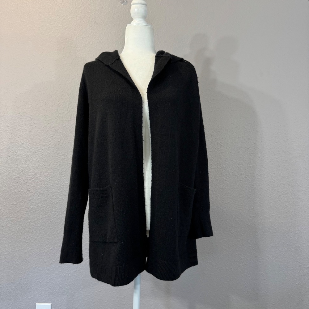 LOFT Women's Size XS Black Open Front Hooded Wool Blend Pockets Cardigan